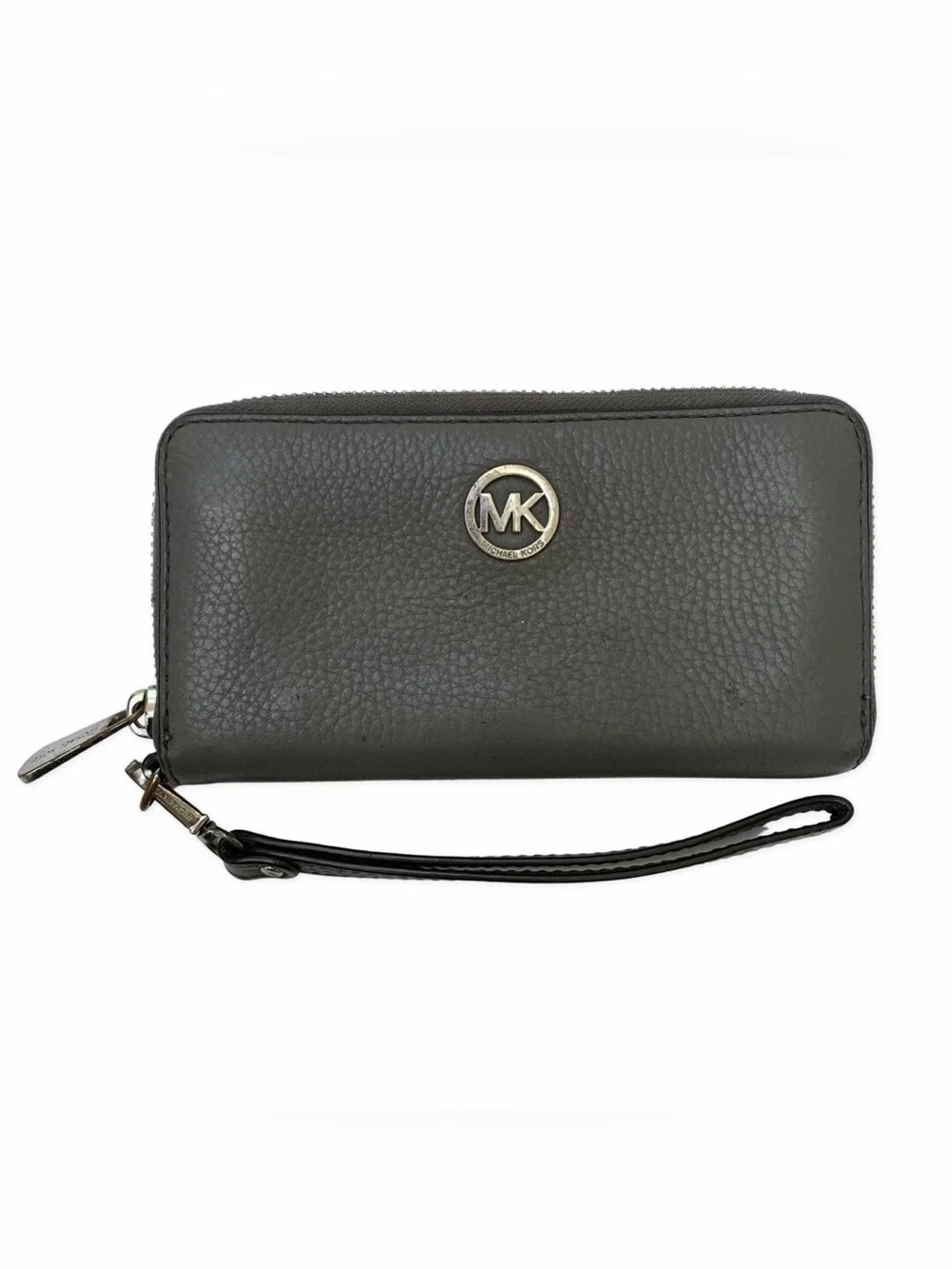 Michael Kors Dark Gray Pebbled Leather Wristlet with MK Emblem